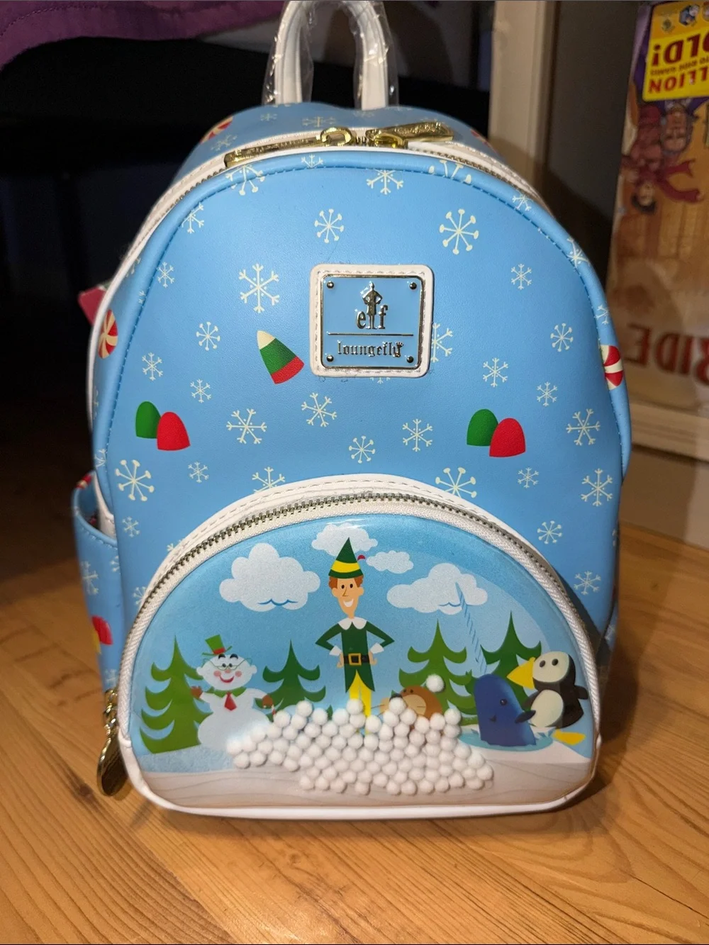Loungefly Kids Light Blue Holiday Elf Mini Backpack with Green and Red Accents